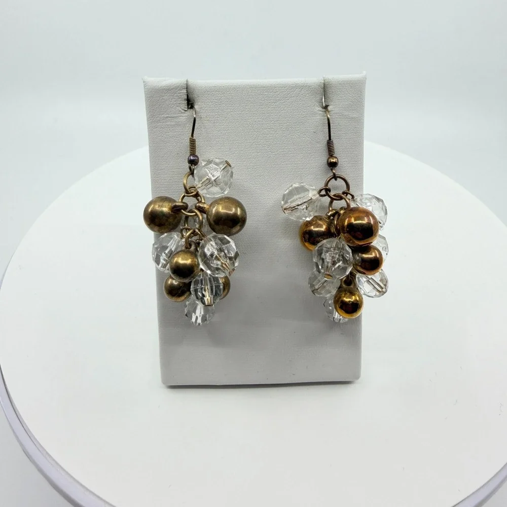 VTG Y2K Chunky Cluster Dangle Earrings Gold Tone Clear Faceted Bead Grape Charm